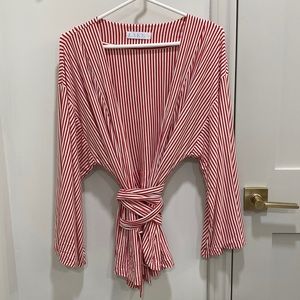 Lake DreamKnit Kimono Pajama Top, Size Large, Red and White Stripe
